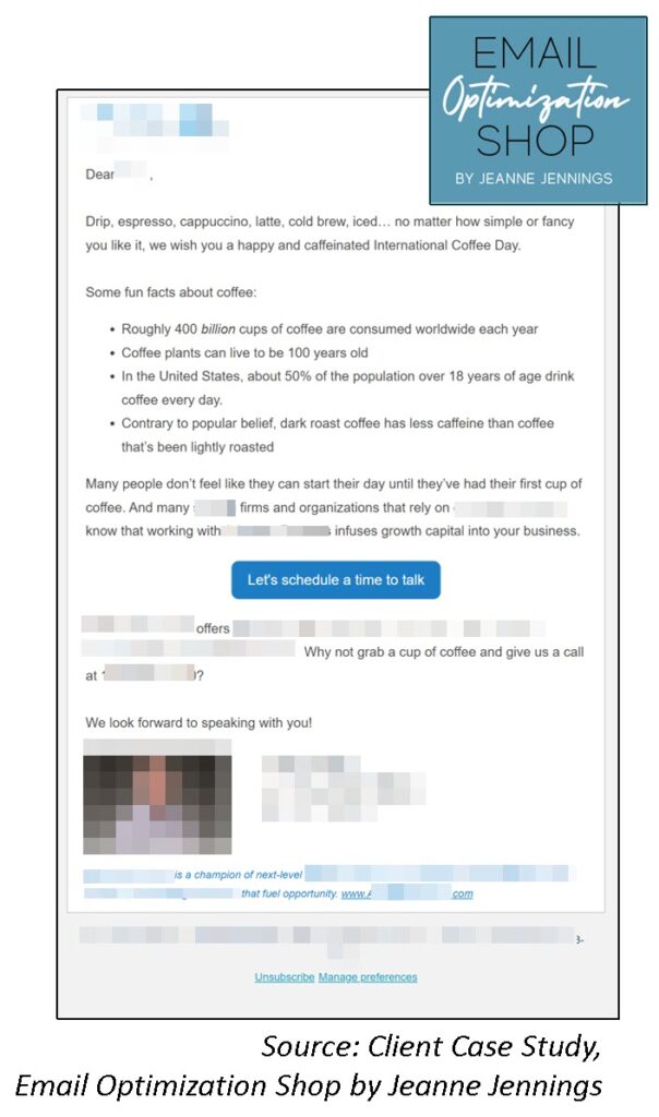 Email that leads with facts about coffee and then suggests the reader grab a cup and give the sender a call to discuss financial services. 