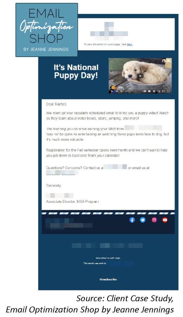 Email that leads with a puppy video and then talks about when registration opens for the new semester