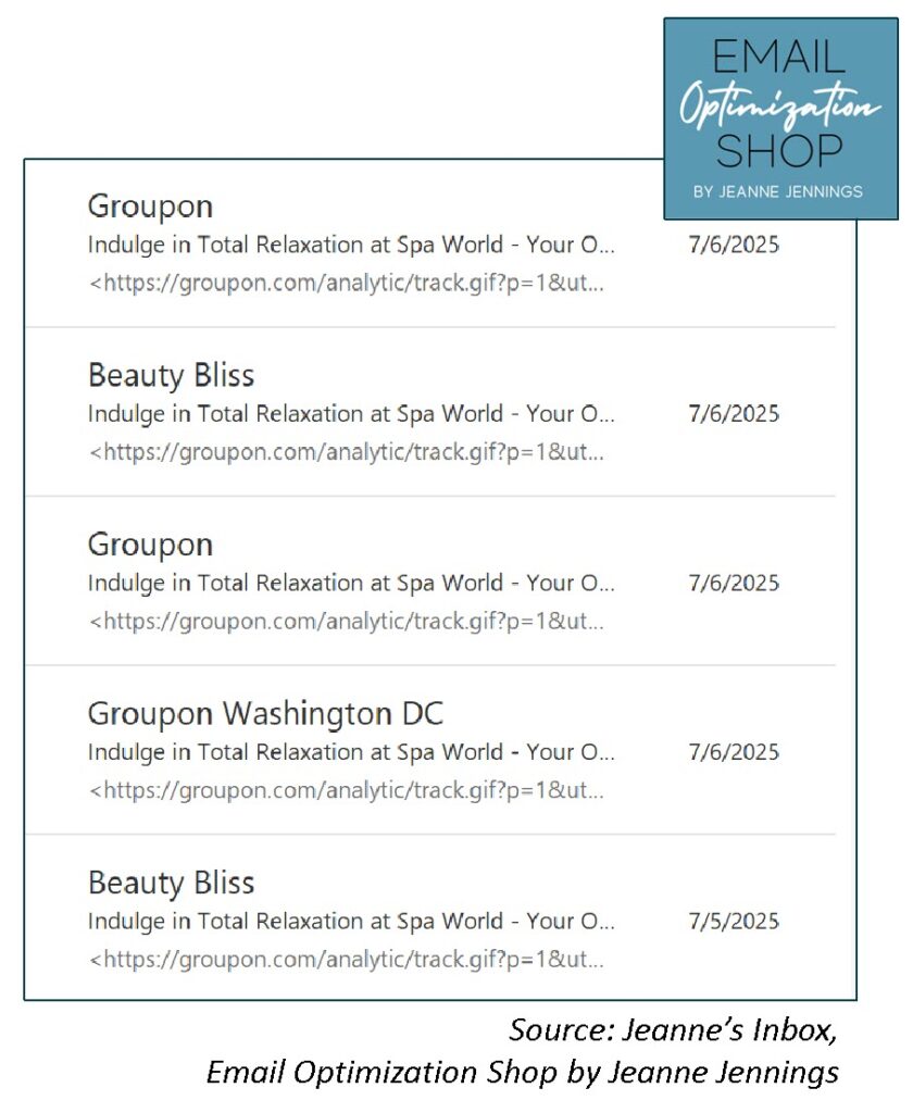 Examples of messages from Groupon with the same 'Spa World' subject line in the inbox