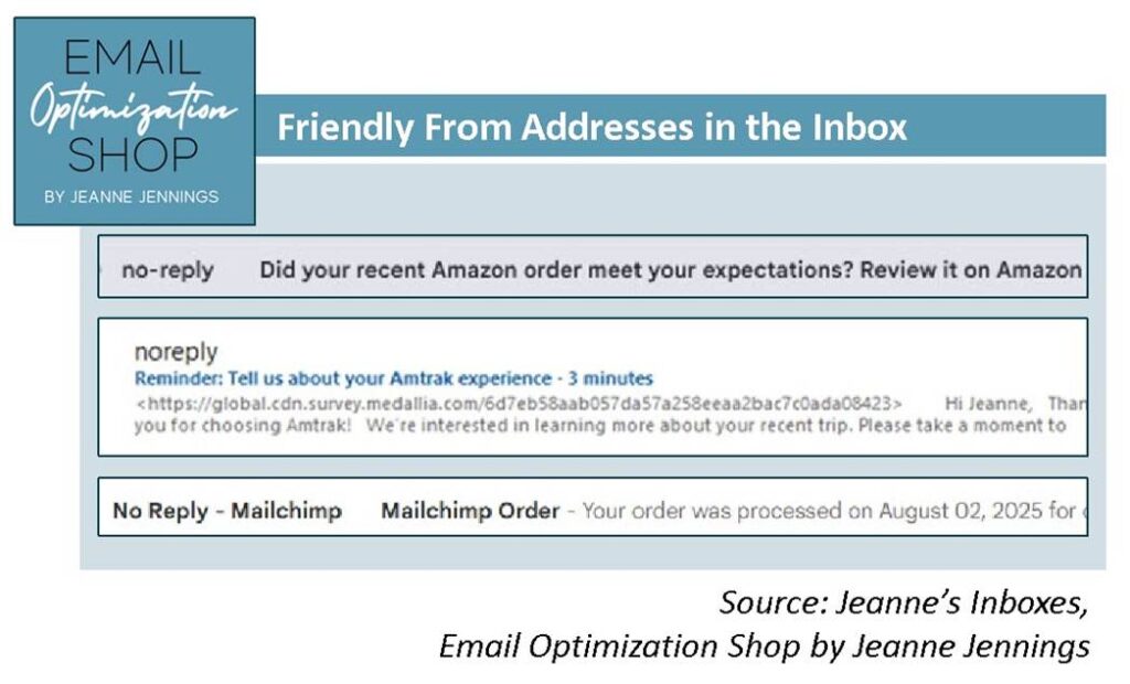 Do-not-reply in the friendly from addresses of Amazon, Amtrak, and MailChimp