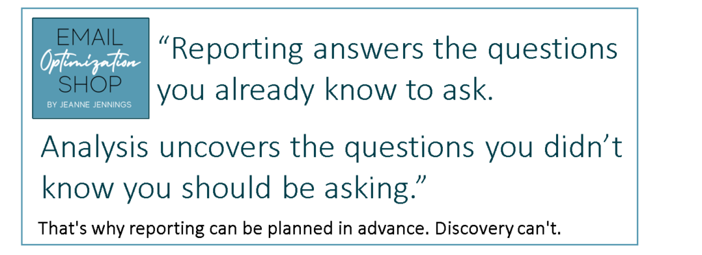 data analysis process “Reporting answers the questions you already know to ask. Analysis uncovers the questions you didn’t know you should be asking.” That's why reporting can be planned in advance. Discovery can't. 